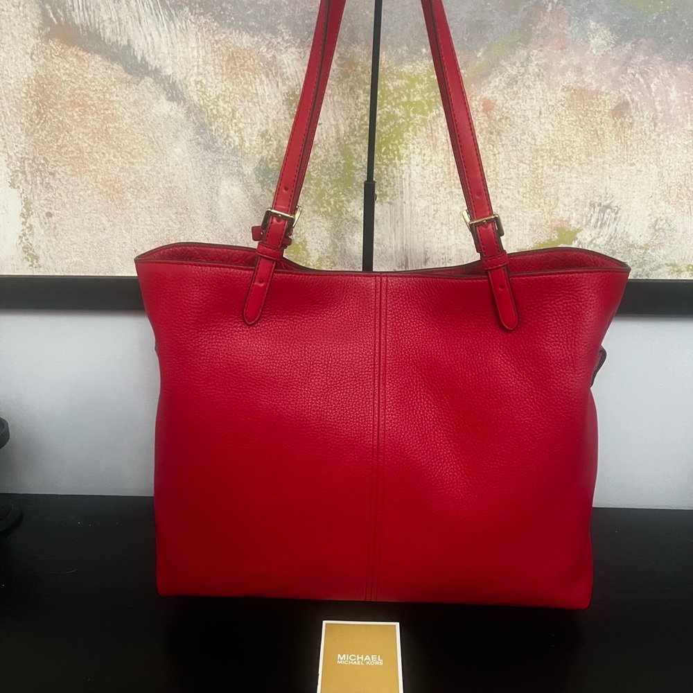 Michael Kors NWOT Lenox Pebble Crimson Red Leather Large Tote Bag - Picture 3 of 12